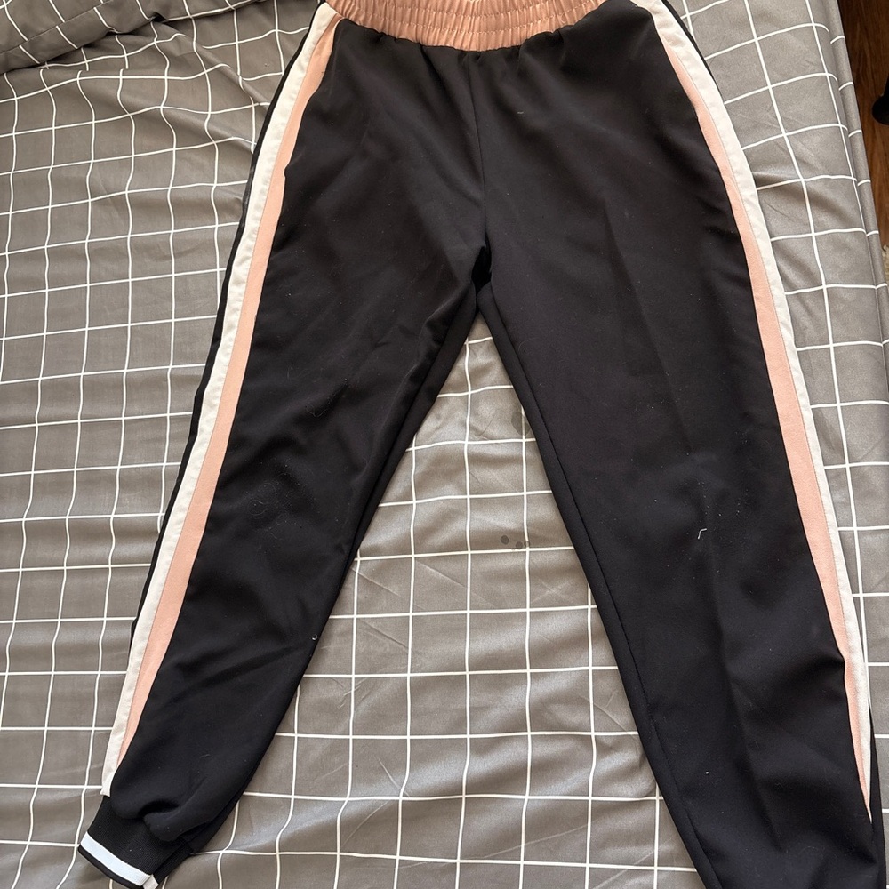 Black Track Pants with Pink and White Stripes